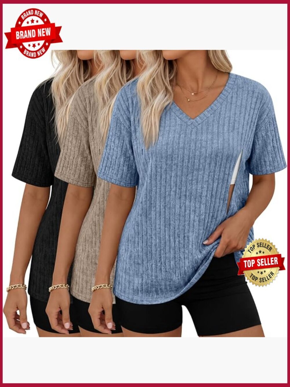 3 Pack Nursing Tops with Hidden Zipper, Oversized V-Neck Ribbed Knit Maternity